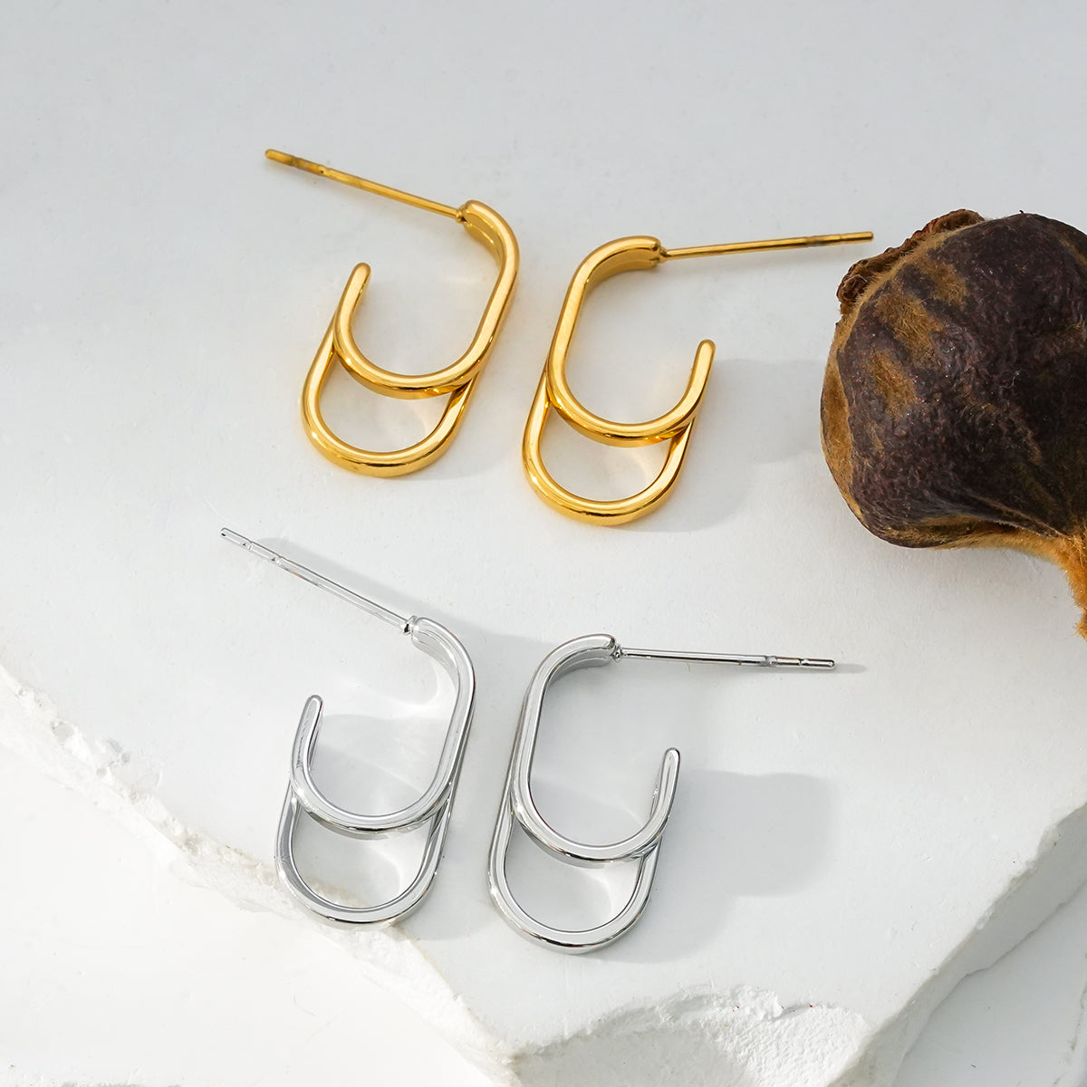 St SIMON Gold: Rounded Corners Double Rectangle Hoop Earrings