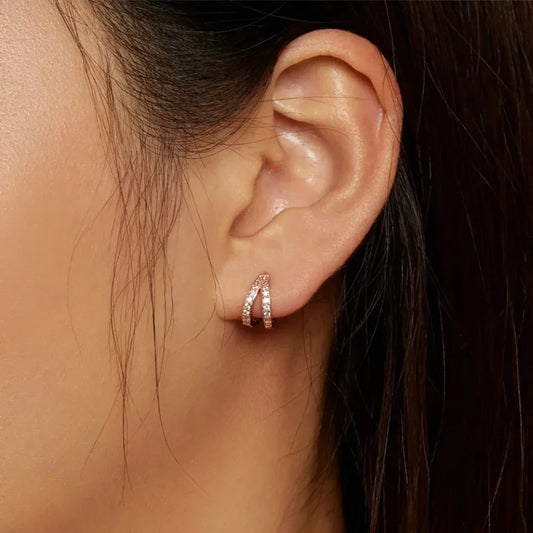 925 Sterling Silver Elegant Geometry Zircon Crystal Double Rings Ear Hoop Earrings