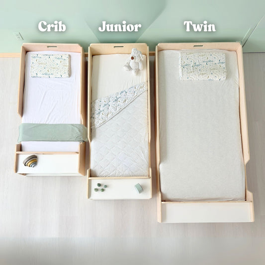 APPLE JUNIOR - Montessori Floor Bed with Rails & Shelves