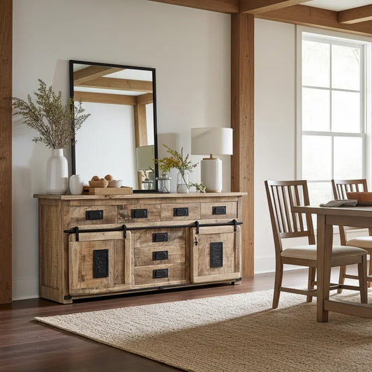 Buffet Farmhouse en bois de manguier brut avec portes coulissantes