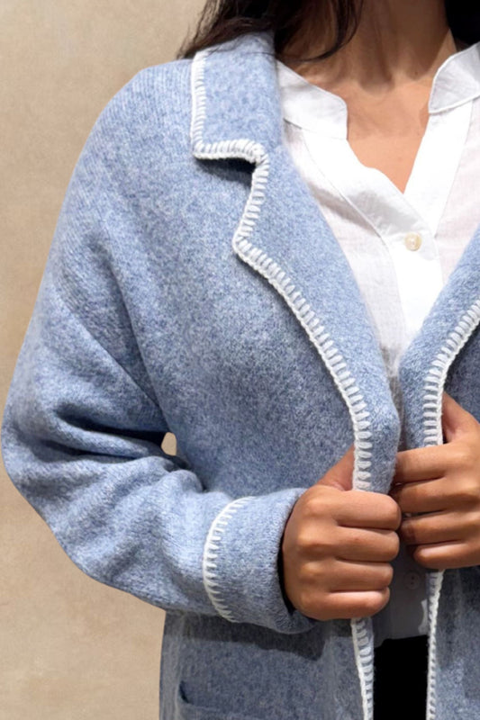 Solana Knit Cardigan Long Open-Front Contrast Stitching Pockets