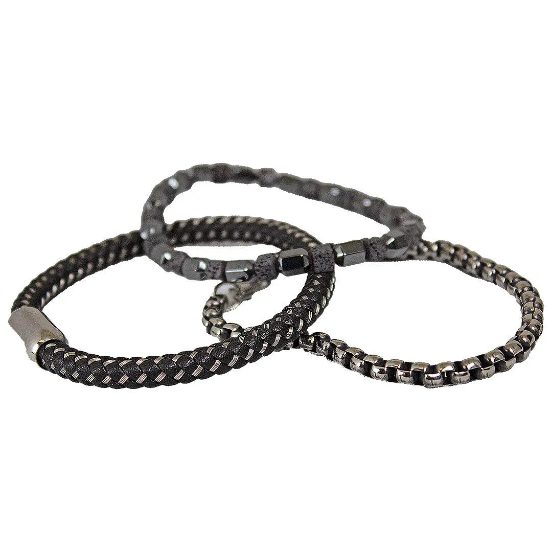 SteelTime Men's Black Leather and Stainless Steel Bracelets with Haematite and Lava Stone