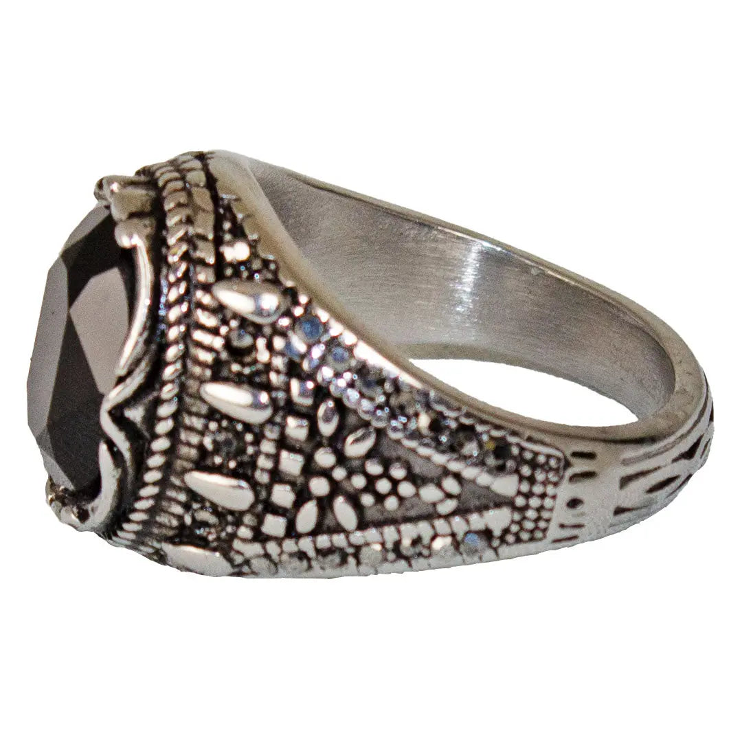 SteelTime Men's Stainless Steel Gothic Simulated Black Diamond Ring