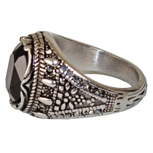 SteelTime Men's Stainless Steel Gothic Simulated Black Diamond Ring