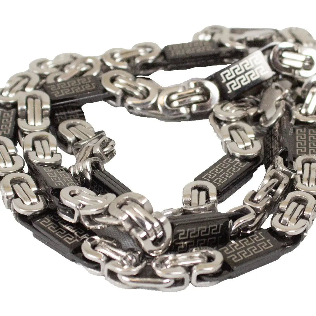 SteelTime Men's Two Tone Stainless Steel and Black IP Byzantine Necklace with Greek Key Accents