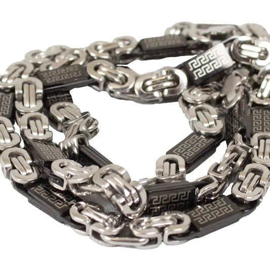 SteelTime Men's Two Tone Stainless Steel and Black IP Byzantine Necklace with Greek Key Accents