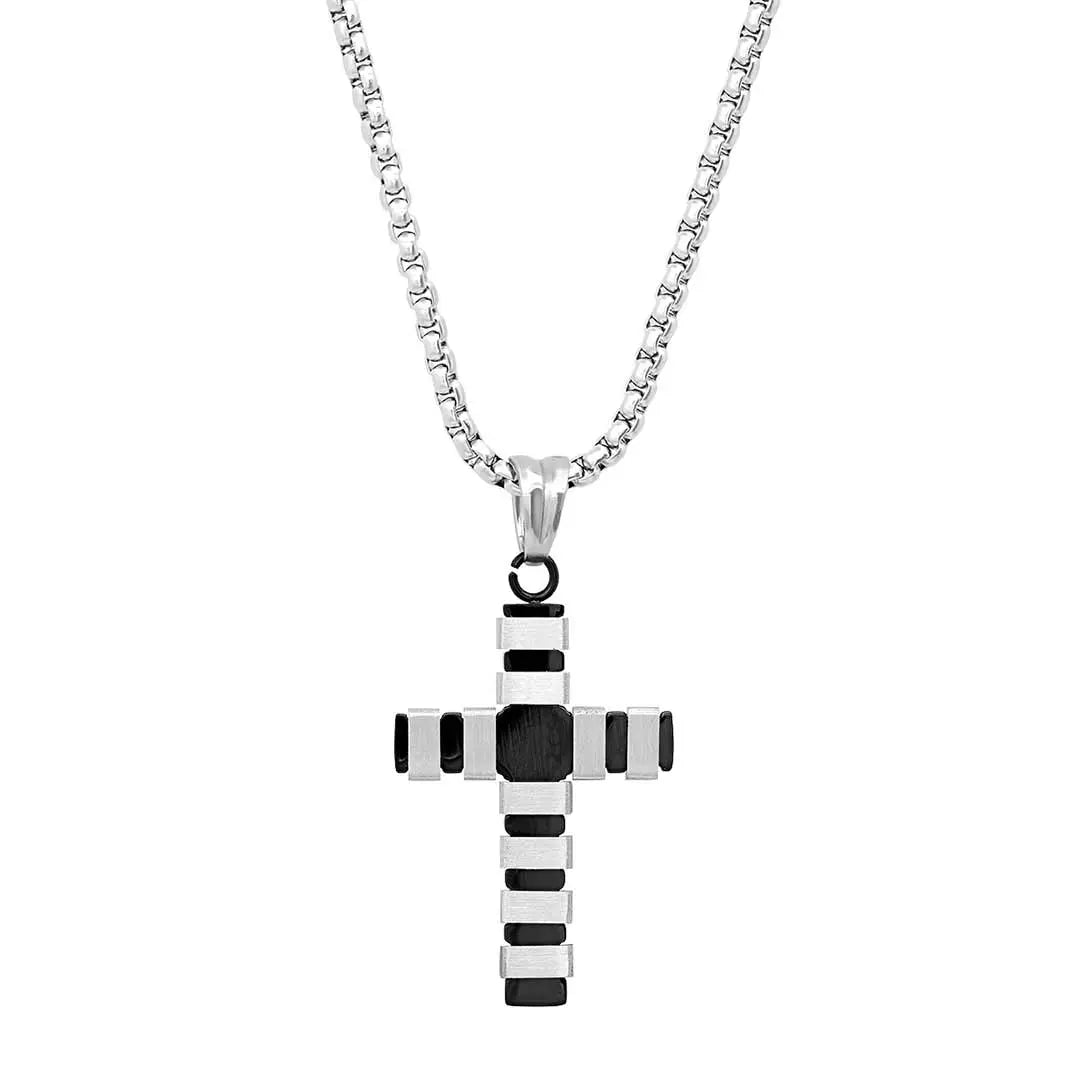 Steeltime Striped Cross Pendant Necklace