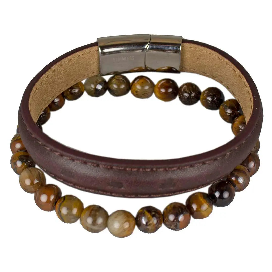 Steeltime Tiger's Eye Leather Layered Bracelet