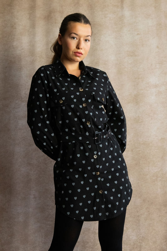 Stephanie Heart Print Tunic Shirt Long Sleeve Button Down Belted