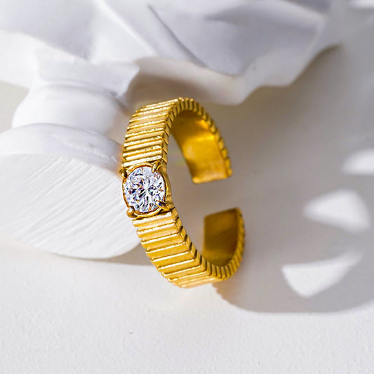 TALA: Art-Deco Style Textured Band Ring with a Round Zirconia Centerpiece