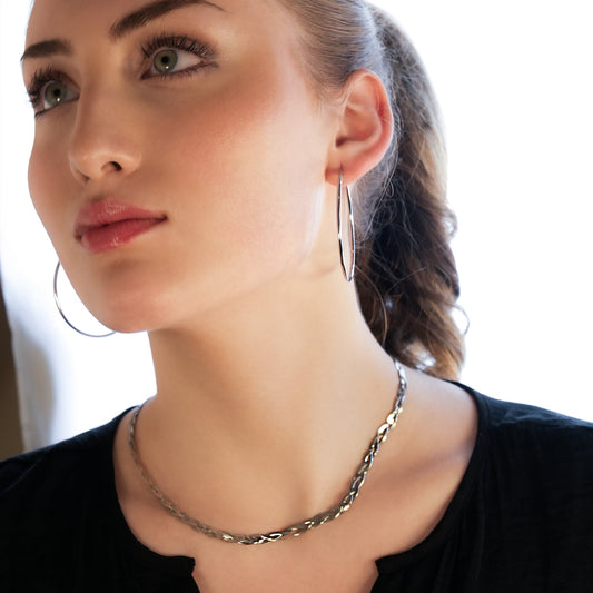 TARA White Gold (Silver Toned): Intertwined Herringbone Snake Skin Textured Necklace.