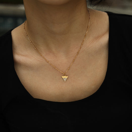 URIKA Beaded Chain Necklace with Zirconia Pavé Triangle Pendant in Gold