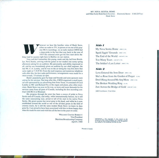 Hank Snow β My Nova Scotia Home And Other Early Hank Snow Favorites