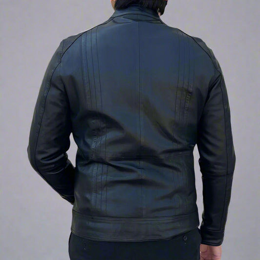 Men’s Sheep Leather Jacket. 4-Pocket, Stand Snap Collar & Silver Zippers