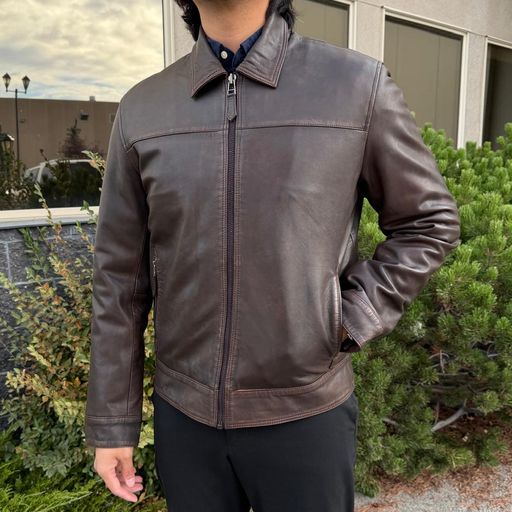 Men's Lamb Leather Jacket. Brown Classic Fit with Full Zip & Side Pockets