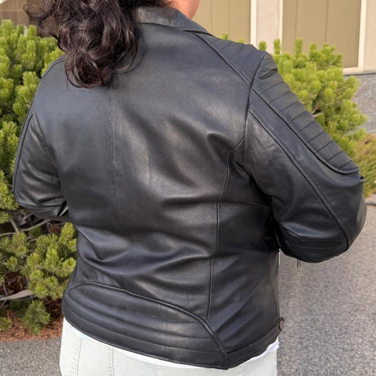 Women's Lamb Leather Biker Jacket with Quilted Ribbed Shoulders
