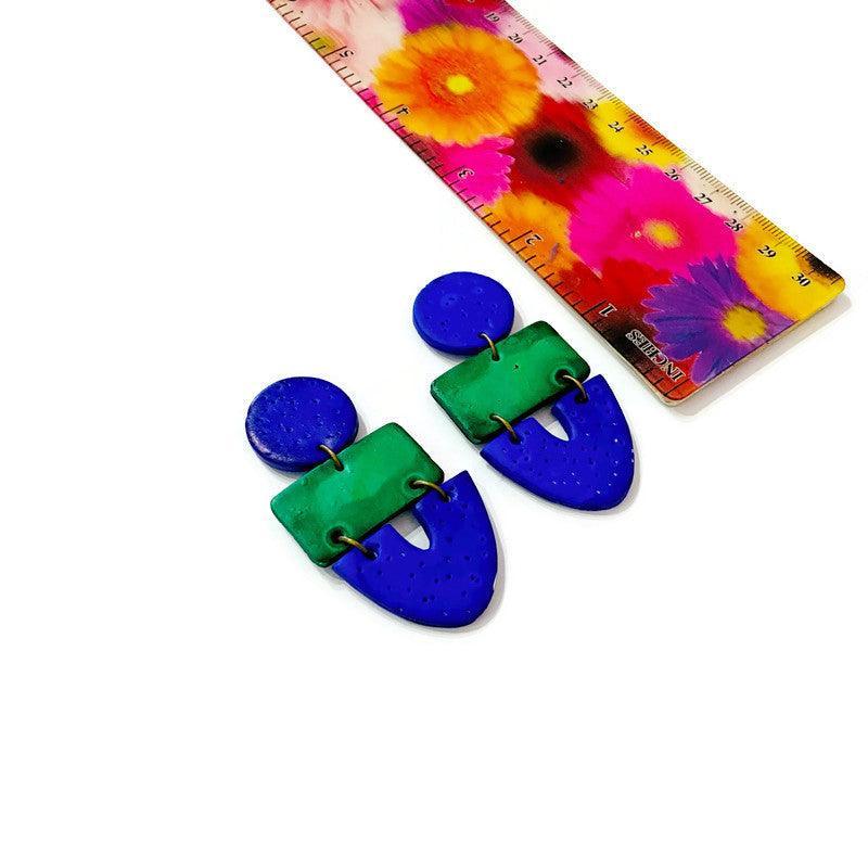 Artsy Statement Bib Necklace & Earring Set Handmade from Clay Painted Blue Green