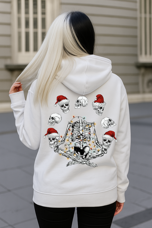 Crewneck Hoody Gothic Christmas Skeleton Sweatshirt – Skulls with Santa Hats & Holiday Lights