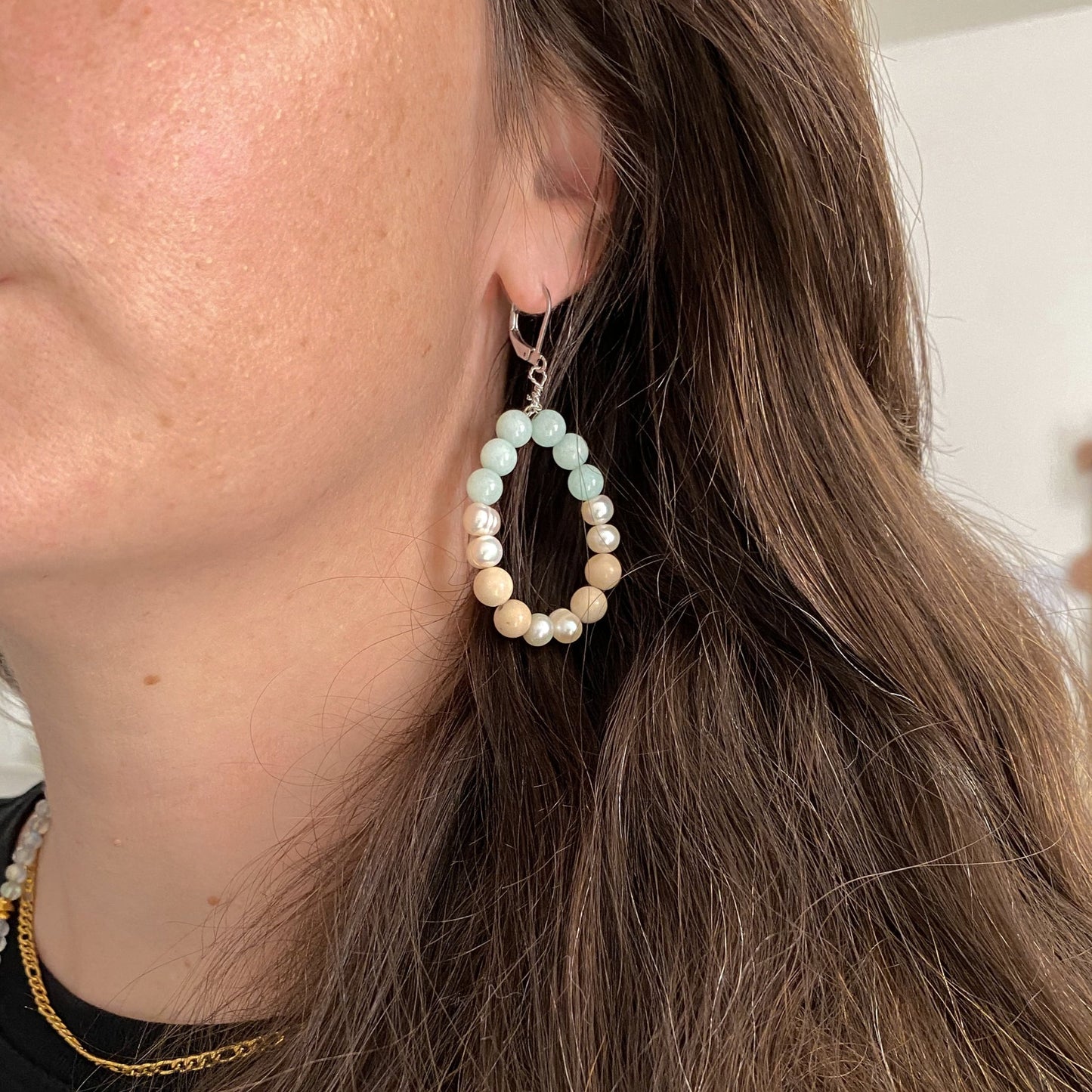 Boucles d’oreilles en amazonite et perles d’eau douce | CALANQUES