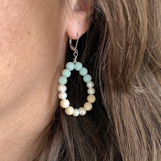 Boucles d’oreilles en amazonite et perles d’eau douce | CALANQUES