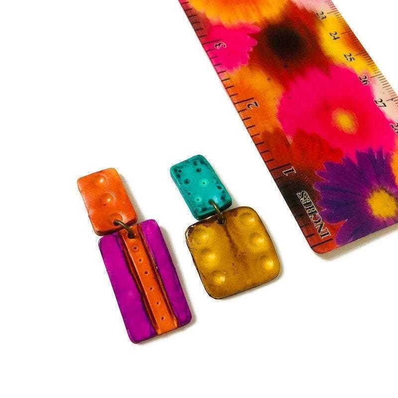 Colorful Mismatched Statement Earrings, Post or Clip On, Handmade Polymer Clay