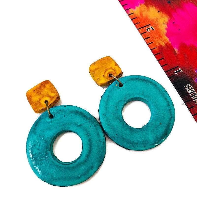 Colorful Geometric Necklace with Turquoise Hoop Earrings, Polymer Clay Jewelry Set Hand Painted