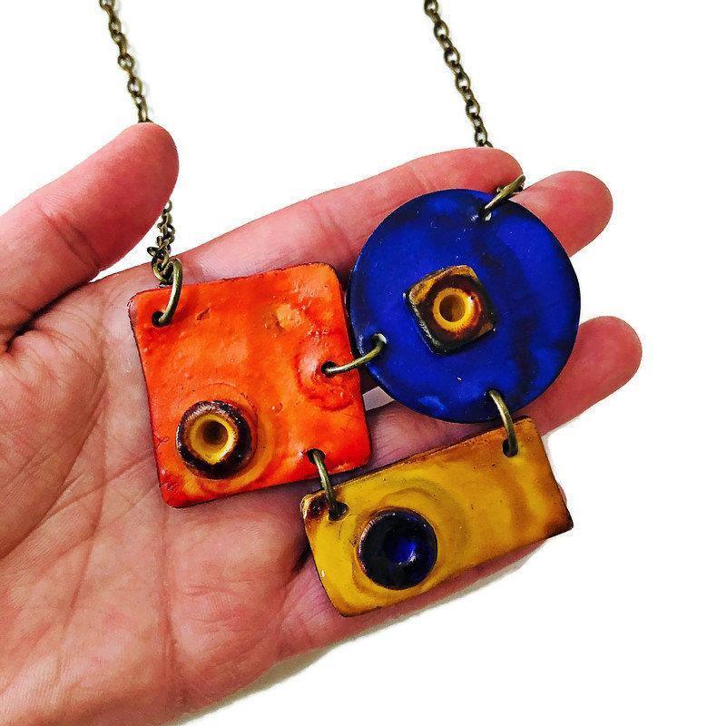 Colorful Geometric Pendant Necklace, Orange, Blue & Yellow, Handmade