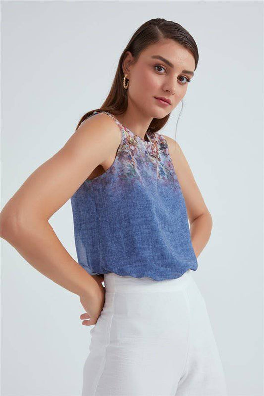 Crew Neck Ombre Floral Printed Georgette Top - Blue