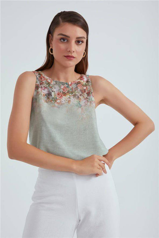 Crew Neck Ombre Floral Printed Georgette Top - Sage