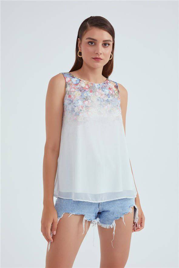 Crew Neck Ombre Floral Printed Georgette Top - White