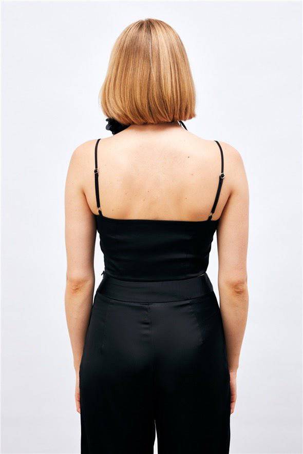 (Basic) Satin Crop Top with String Straps - Black