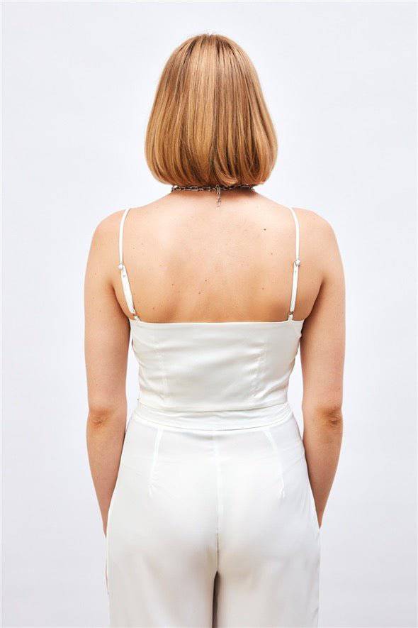 (Basic) Satin Crop Top with String Straps - white