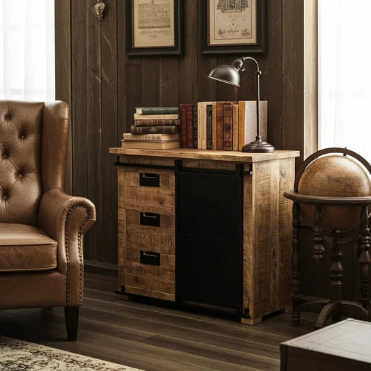 Meuble Commode Raven en bois de manguier porte coulissante en acier noir