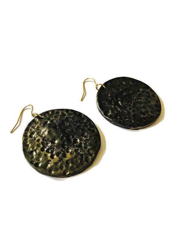 Extra Large Disc Dangle Earrings, Handmade – Hammered Metallic Style