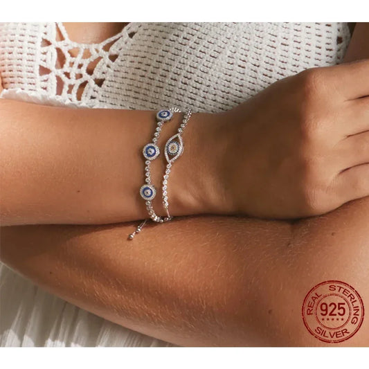 Genuine 925 Sterling Silver Luxury Evil Eye Tennis Bracelet - Blue Cubic Zircon Crystal Accent, Jewelry Scb002