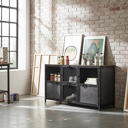 Buffet Ibiza en bois de manguier et acier brut portes vitrées