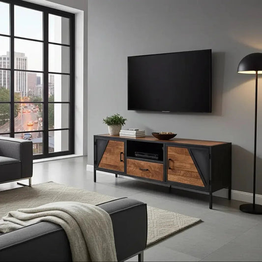 Meuble Télé AZERA Bois de Manguier et acier gris vintage