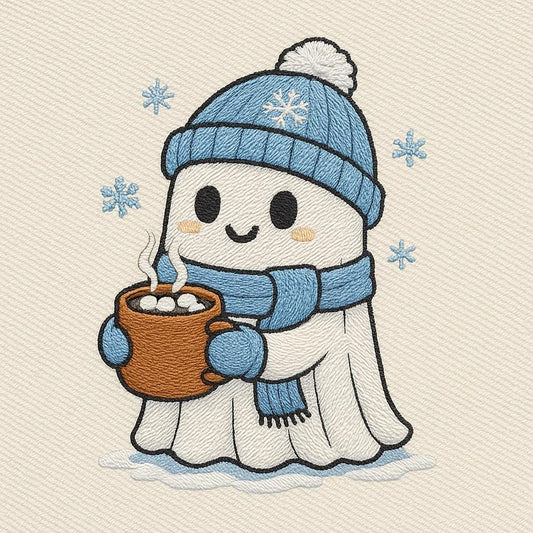Embroidered Winter Ghost with Hot Cocoa – Cute Christmas Sweatshirt Design