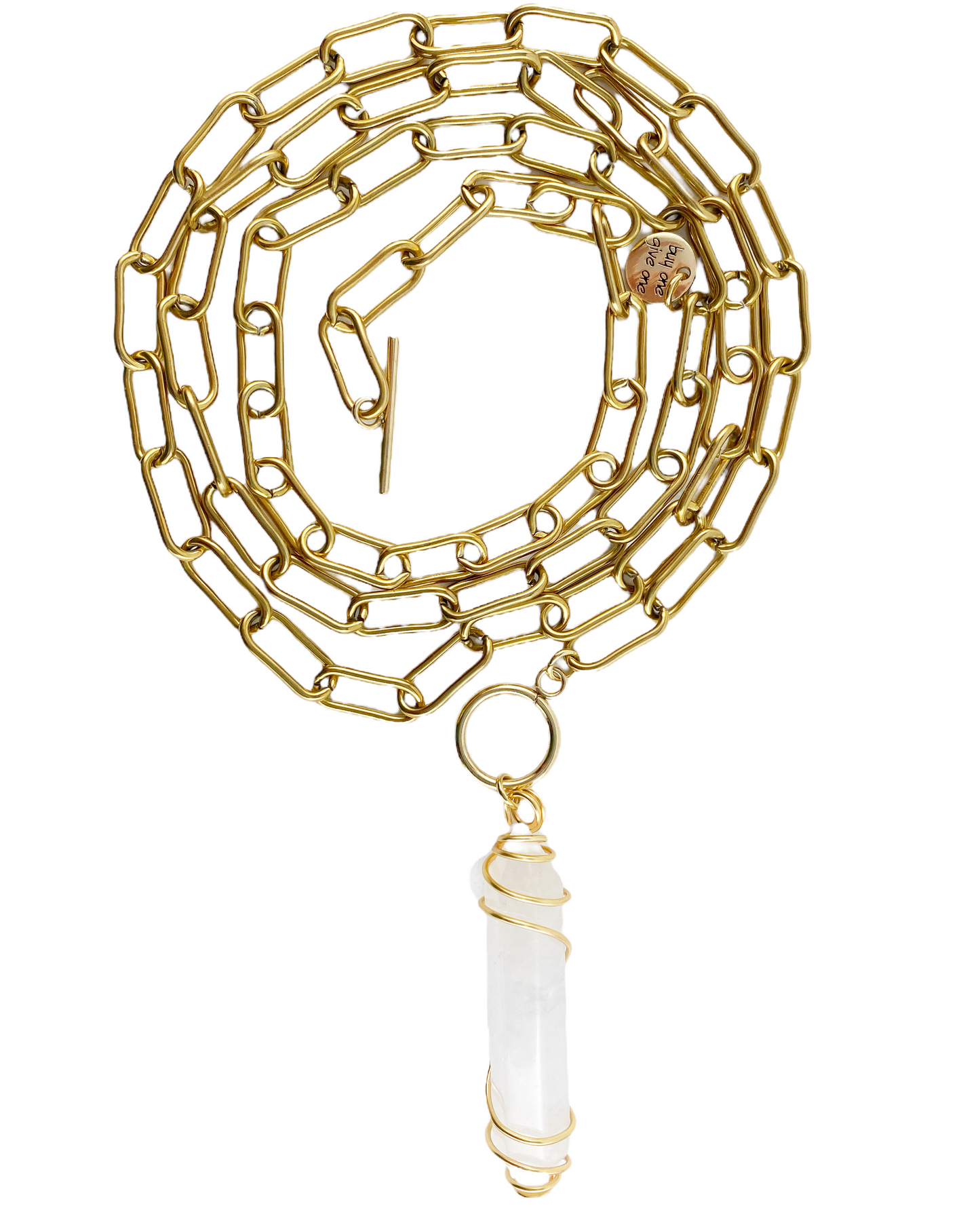 Clear Quartz Double Wrap Paper Clip Necklace in Gold