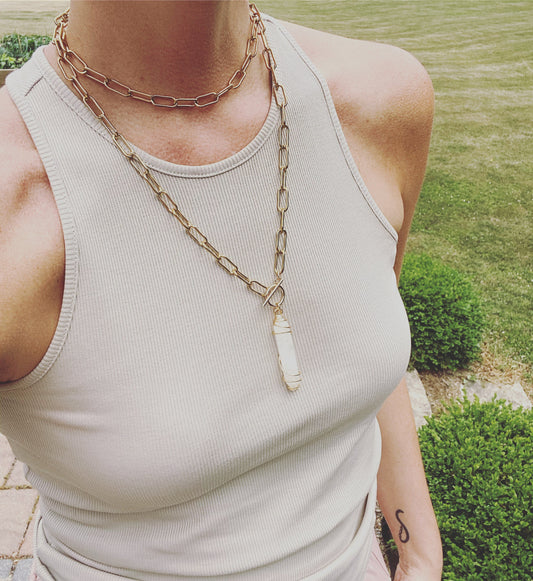 Clear Quartz Double Wrap Paper Clip Necklace in Gold