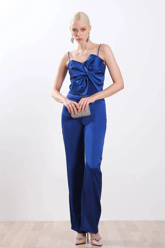 Big Bow Ribbon Detailed Satin Crop Blouse - Azure Blue