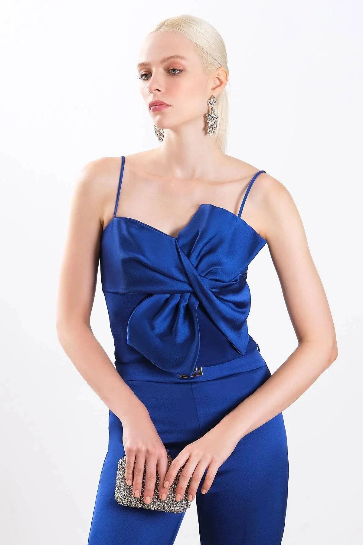 Big Bow Ribbon Detailed Satin Crop Blouse - Azure Blue