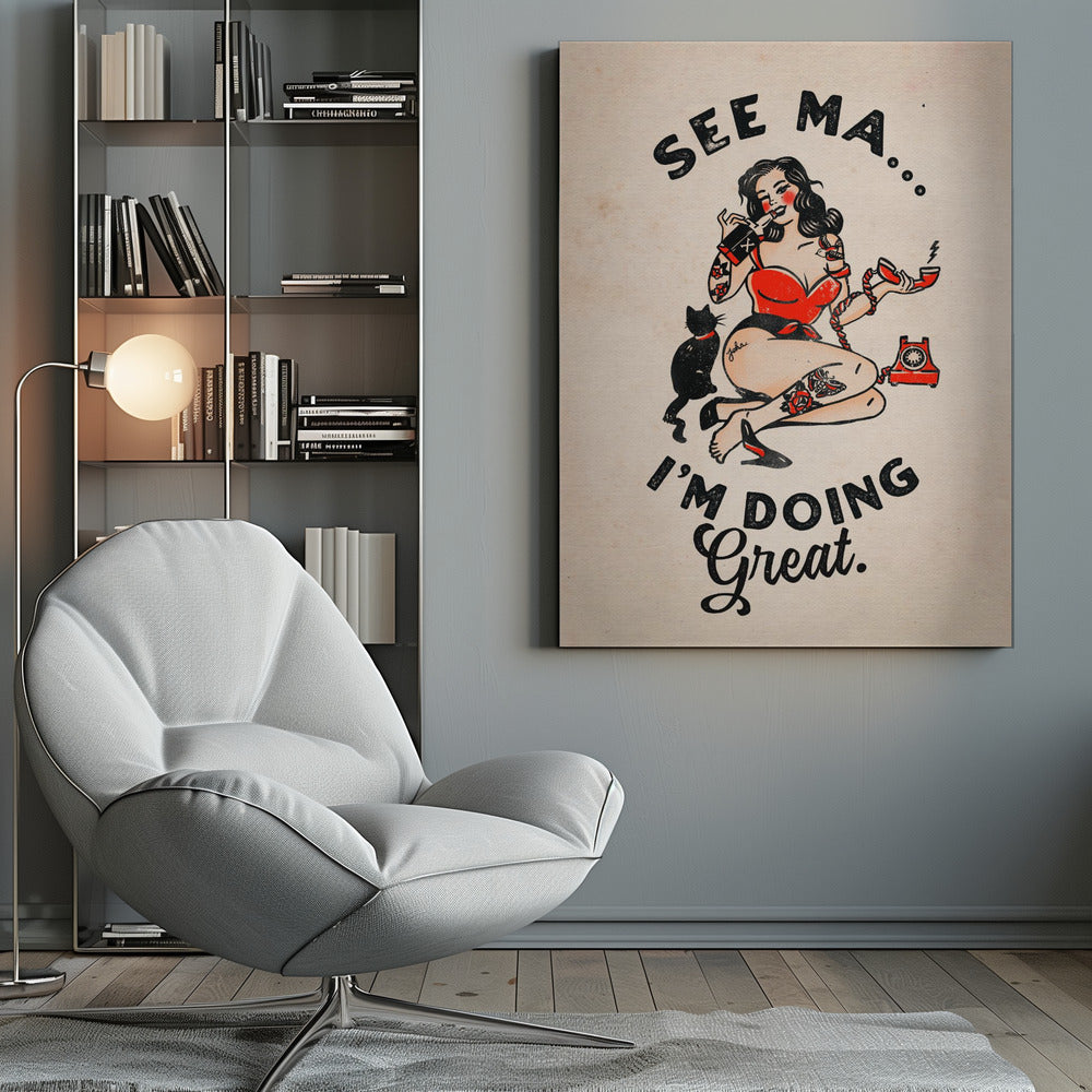 Wall art See Ma Poster Funny Vintage Pinup Girl & Cat