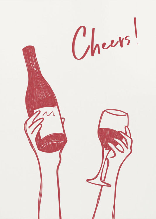 Wall art Cheers wine illustration & text (black & white)