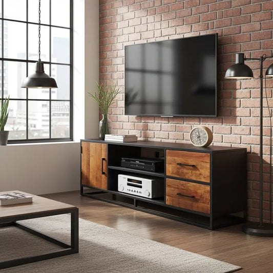 Meuble télé en bois de manguier et structure d'acier noir