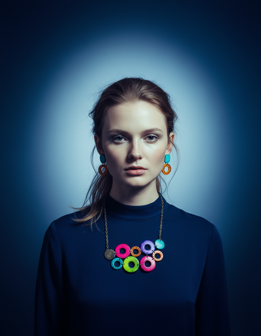 Colorful Linked Circle Statement Necklace, Handmade Polymer Clay