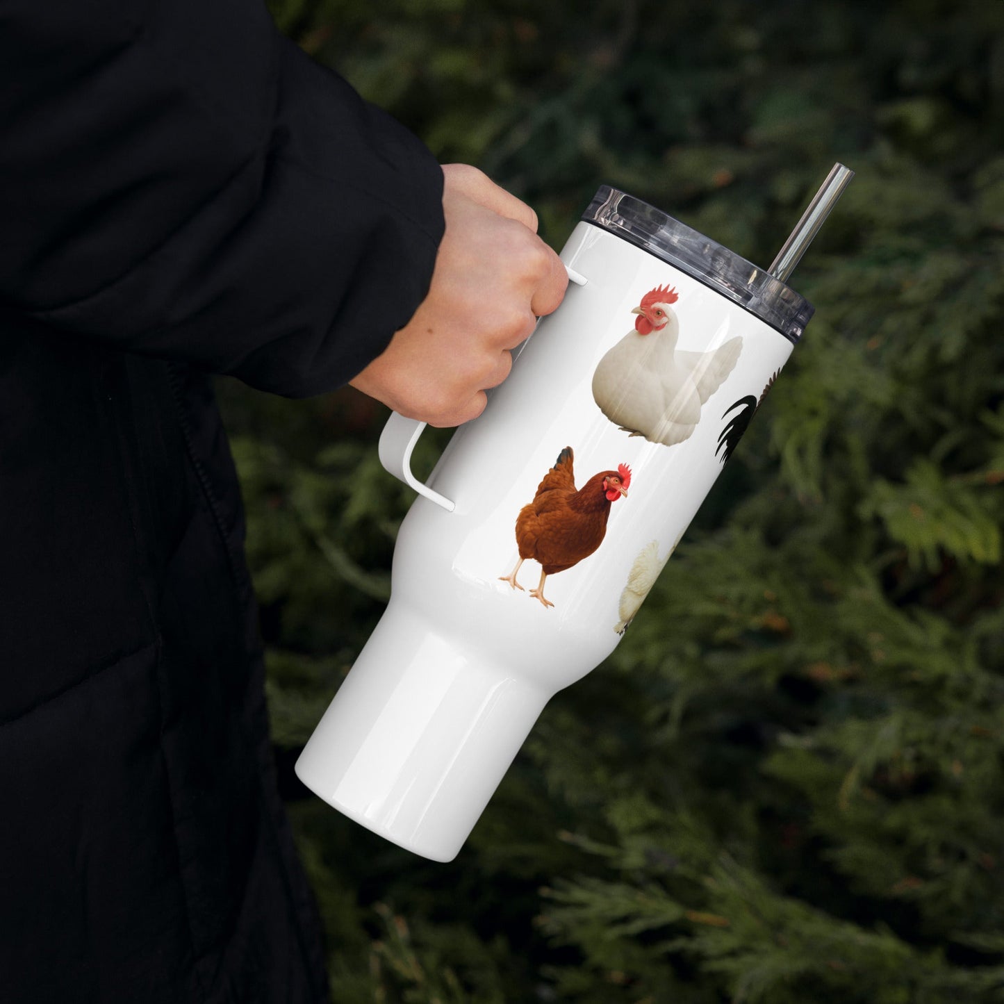 Chickens travel mug with a handle