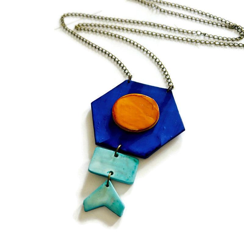 Unique Geometric Pendant Necklace in Blue Yellow