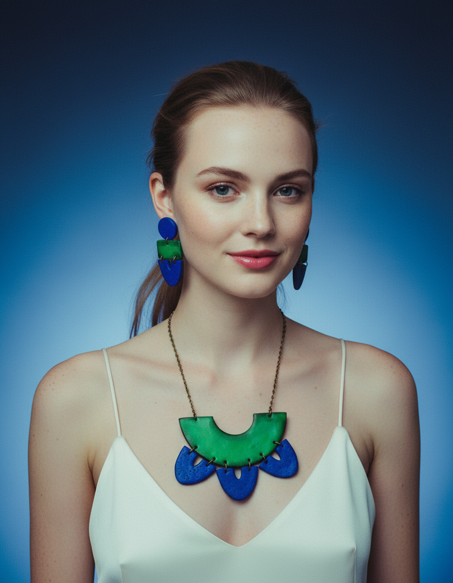 Two Tone Statement Earrings in Green Blue, Post or Clip On Handmade
