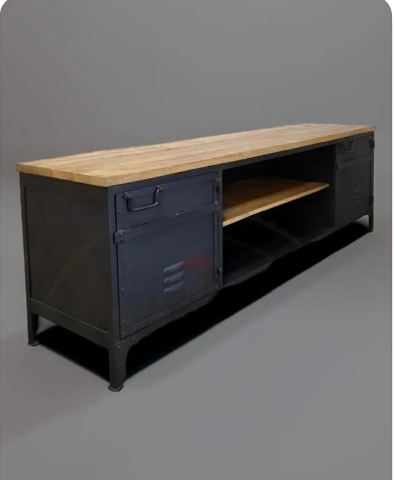 Meuble télé industriel en acier noir style casier dessus en bois de manguier